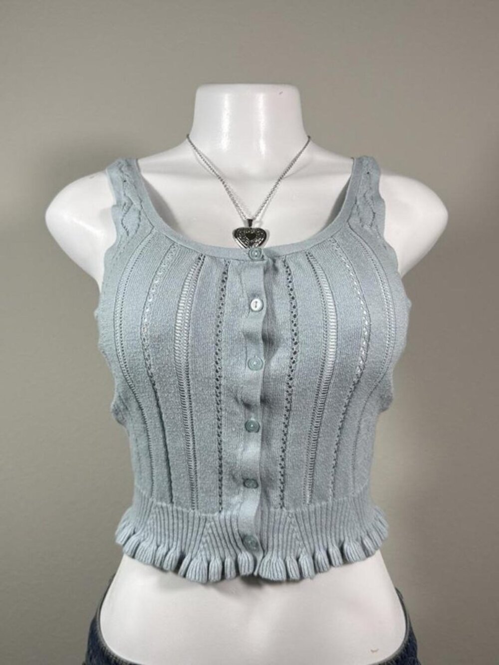 American Eagle tank top light blue pointelle knit button front small